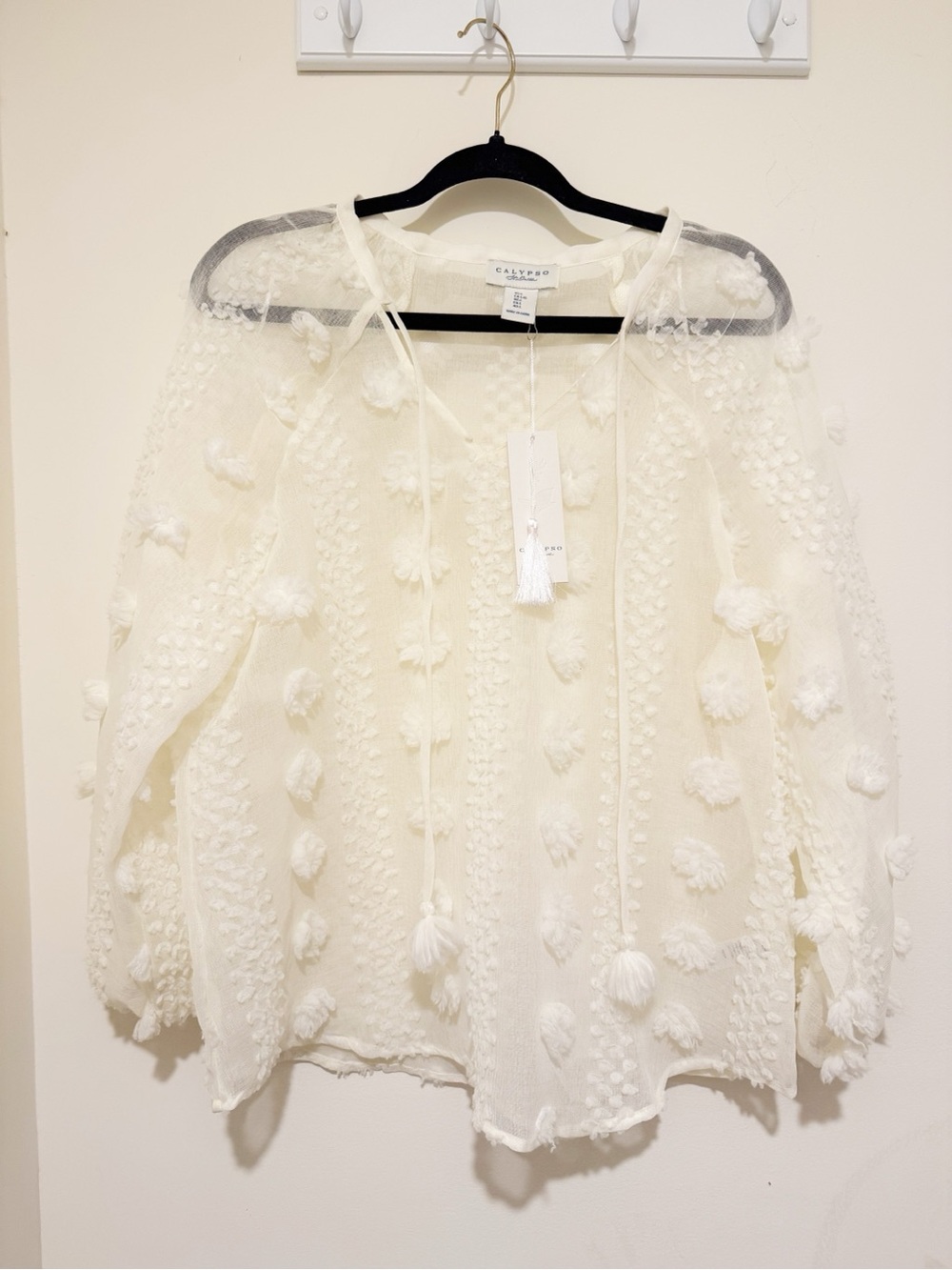 Calypso St. Barth Cream Pom-Pom Tie-Front Textured Sweater